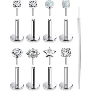 20G 18G 16G Threadless Push in Nose Rings Studs Flat Back Studs Earrings Surgical Stainless Steel Opal Nose Rings Studs Tragus Helix Conch Cartilage Earrings Piercing Jewelry For Women Men