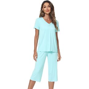 WiWi Viscose from Bamboo Pajamas Set for Women Summer Sleepwear Pjs Comfy Short Sleeve Tops Capri Pants Sets S-XXL