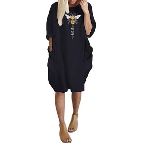 JiaMa womens Let it be Long Sleeve Loose Pocket Oversize Tunic Pockets Dress, Black, XX-Large