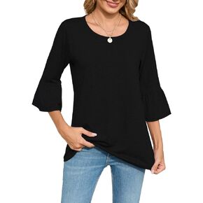 JollieLovin Womens 3/4 Sleeve Tops Dressy Casual Crew Neck Shirts Ruffle Tunic Blouses