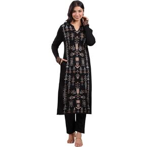 Janasya Indian Women's Black Woolen Geometric Straight Winter Kurta Set