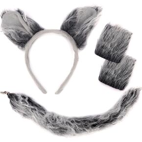 Grey Wolf Costume Set Wolf Ears Headband Wolf Tail Gloves Wolf Outfit Accessories Halloween Costume Adult Animal Party Cosplay