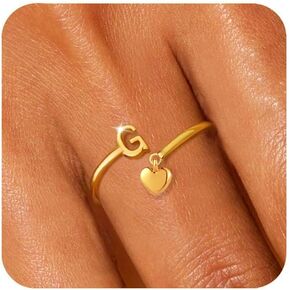 Gold Initial Ring for Women Dainty Initial Heart Non Tarnish Gold Rings 14K Gold Plated Alphabet Letter Rings Open Statement Ring Adjustable Thumb Pinky Ring for Women