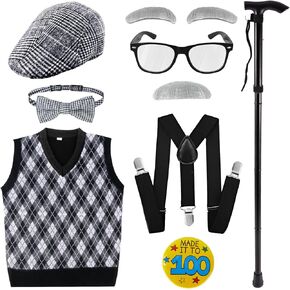 100 Days of School Costume for Kids Boys, Cool Old Man Costume for Kids Kit, 100 Days of School Grandpa Accessories Set(130)
