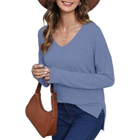 HIYIYEZI Fall Long Sleeve Shirts for Women Side Split V Neck Loose Casual Tunic Tops