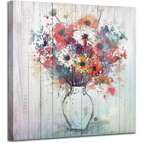 Arjun Flower Colorful Canvas Wall Art Floral Bloosom Painting Woodgrain Picture Framed Modern for Bathroom Living Room Bedroom Nursery Room Dinning Room Kitchen Wall Decor, 14"x14" One Panel
