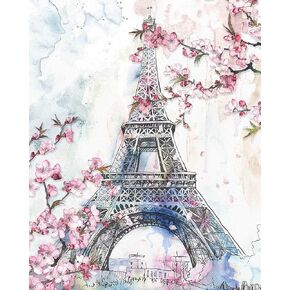 أزهار الكرز في باريس 16 × 20 بوصة ملفوفة قماش جدار الفن، ديكور جدار الأزهار لغرفة المعيشة غرفة النوم