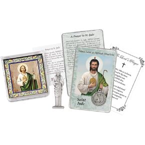 Mini St Jude Statue - 3 Inch San Judas Statue, St Jude Prayer Card, The Lord's Prayer Card - San Judas Tadeo Estatua for Home Decor, Patron Saint of Hope and Impossible Causes Theme Set - 3 Items