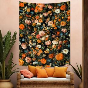Drgilau Vintage Floral Tapestry, Retro Floral Tapestry for Bedroom Orange Flower Plants Tapestry Wall Hanging, Black Boho Floral Wall Tapestry for Dorm Bedroom Living Room Home Decor 40X60 Inch