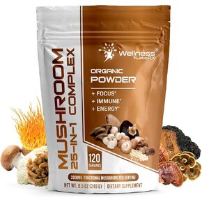 Mushroom Powder, 25 in 1 Mushrooms Lions Mane Powder Organic - 2000mg - Mushroom Supplement, 25 Superfood Mushrooms, Chaga, Shiitake Mushrooms, Cordyceps, Reishi - Lion's Mane Mushroom - 120 Servings