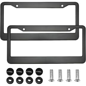2 PCS License Plate Frames, 2 Holes Matte Aluminum Alloy License Plate Cover with Screw Caps, Universal Car License Plate Bracket Holder for US Vehicles, Car Accessories (Black)