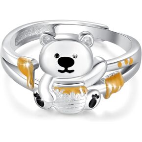 Bear Rings for Women Sterling Silver Bear Open Rings Adjustable Rings Bear Holding Honey Pot Ring Cute Animal Rings Jewelry for Birthday Christmas