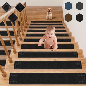 Black Stair Treads for Wooden Steps,15 Pack 30" X 8" Non Slip Stairs Carpet Treads Indoor Stair Mats for Kids Elders and Pets