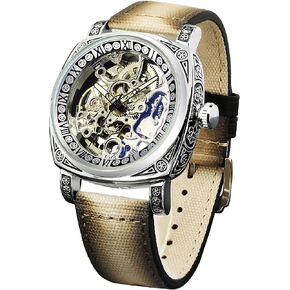 FORSINING Watches for Man, Square Retro Mechanical Watch Self-Wind Carved, Skeleton Automatic Watches Vintage Leather Strap Wristwatch