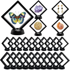 3D Floating Frame Display Cases, 20Pcs Transparent PE Film Jewelry Storage Box with Base Challenge Coin Display Frame Holder Stands Small Shadow Box Frame for AA Medallions Medal, Rock, Ring Necklace