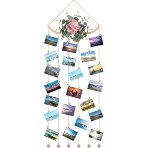Super Holiday Large Wooden Picture Frames, Artificial Eucalyptus and Flower Hanging Display Board Photo Frames Collage Wall Decor, for Spring Mother's Day Grandma Christmas, Pink