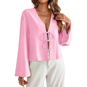 Avanova Women Tie Front Bell Flare Long Sleeve Blouse Shirt Deep V Neck Sexy Top