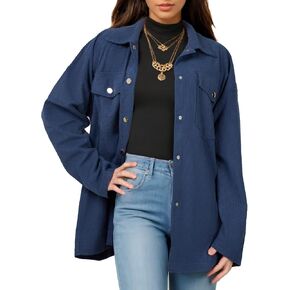 Women's Button Down Waffle Knit Shirts Oversized Long Shacket Jacket Long Sleeve Shirts for Women Casual Blouse Tops