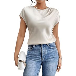 OYOANGLE Women's Ruched Cap Sleeve Round Neck Satin Blouse Elegant Solid Work Office Blouses