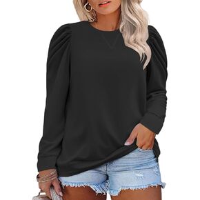 DOLNINE Womens-Plus-Size-Tops Casual Puff Sleeve Dressy Solid Color Sweatshirt Classic Crewneck Loose Fit Tunic Shirts XL-5XL