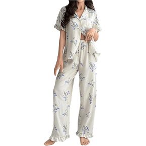 MakeMeChic Women's Floral Pajama Sets 2 Piece PJ Ses Short Sleeve Tops and Pants Sleepwear