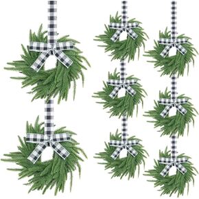 8 Pack Christmas Wreath, Real Touch Norfolk Pine Wreaths, 7.8“ Christmas Wreaths with Ribbon for Kitchen Cabinet Window Front Door Decor, Decorative Hanging Wreath for Xmas Decoration(Black and white)