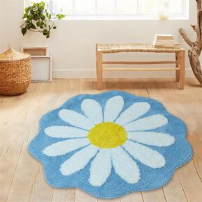 Daisy Flower Shaped Rug Round Rug 3.2Ft Washable Round Area Rug Non-Slip Small Round Bathroom Rug Throw Cute Floral Bedroom Rugs, Soft Flower Carpet for Entryway Sofa Nursery Kids Room Blue