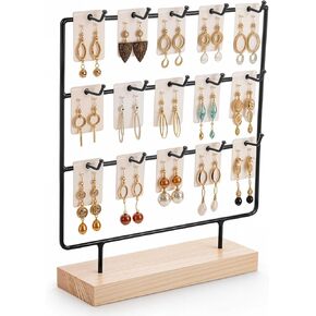 Earring Display Stand for Selling, 3 Tier Earring Card Display Holder Stand with Wooden Base, Jewelry Rack with 15 Hooks, Earring Holder Organizer for Earring Card, Keychain, Keychain, Bracelet, Rings