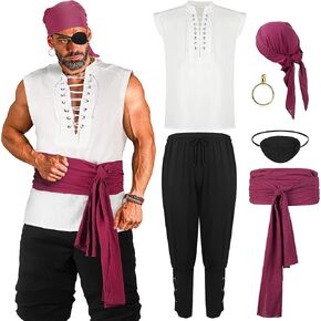 Boyiee 6 Pcs Mens Pirate Costume Medieval Renaissance Viking Shirt Ankle Banded Pants Pirate Accessories for Halloween Outfit