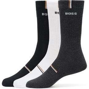 BOSS 3 Pack Iconic Stripe Ribbed Cotton Quarter Length Socks, black/shadow grey/white, 7-13