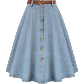 Belle Poque Women's Denim Skirts Vintage Below Knee Length High Waist A-Line Jean Skirts with Pockets