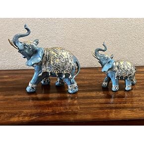 Elephant Decor Statue Blue Decorative Elephant Family Statues Ideal for Modern & Rustic Settings for Women (2 Pack)