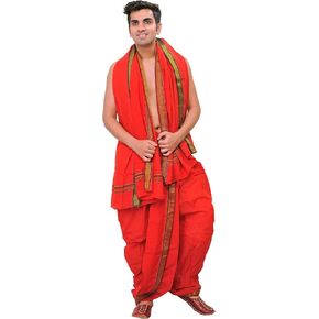 Exotic India Ready to Wear Dhoti and Angavastram Set with Woven Temple Border