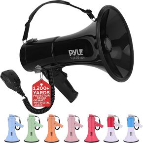 Pyle 50W Megaphone Bullhorn - Portable, Automatic Siren & Adjustable Volume,Projection Range Up to 1200 Square Yards, Aux Input, Talk, Siren, Music, Whistle, & Record, Shoulder Strap (White-Red)