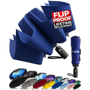TUMELLA Strongest Windproof Reversed Travel Umbrella, Small Strong but Light Portable and Automatic Folding Rain Umbrella, Durable Premium Grip, Fits Car & Backpack