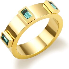 JINHUI Green Emerald Ring for Women, 18k Gold Plated Emerald Cut Engagement Ring Band, Dainty May Birthstone Ring Jewelry (Size 7#/8#/9#)