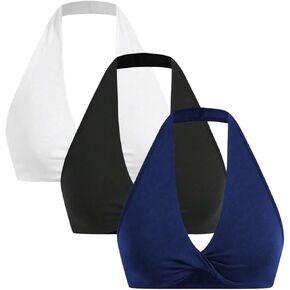 Women's 3 Pieces Workout Sport Bra Twist Front Sleeveless Backless Yoga Halter Crop Tops