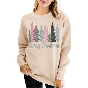 Merry Christmas Sweatshirt for Women Xmas Tree Pullover Shirts Crew Neck Tops Long Sleeve Fall Winter Clothes