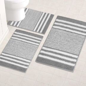 Gray Bathroom Rugs Set 3 Pieces, Striped Ultra Soft Non Slip Absorbent Chenille Toilet Bath Mat Set, Absorbent Plush Shaggy Bath Rugs for Bathroom