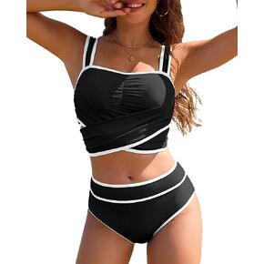 High Waisted Bikini Set for Women 2 Piece Tummy Control Swimsuits Bottom Color Block Twist Bathing Suit Top