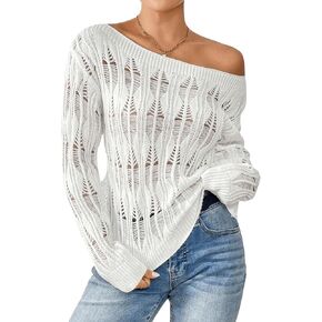 SweatyRocks Women's Off Shoulder Sweater Hollow Out Ribbed Knit Long Sleeve Pullover Tops