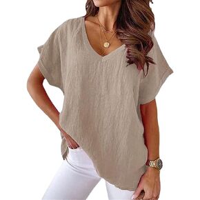 Womens Short Sleeve Cotton Linen Shirts Causal V-Neck Batwing Oversized T-Shirt Solid Color Loose Summer Tops