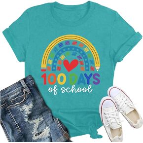 100 Days of School Shirts for Women Happy 100th Days Teacher Student T-Shirt Cute Rainbow Pencil Tee Tops