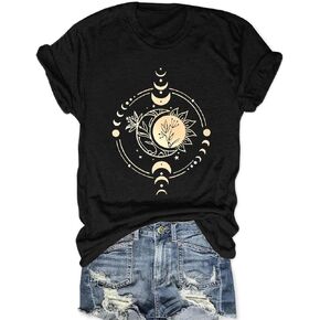 Women Mystical Moon and Sun Flower Shirt Vintage Wildflower T Shirts Boho Graphic Tees Short Sleeve Celestial Moon Tops