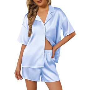 Ekouaer Womens Silk Satin Pajamas Set Short Sleeve Sleepwear Button Down Top and Shorts Loungewear 2 Piece Pjs Set