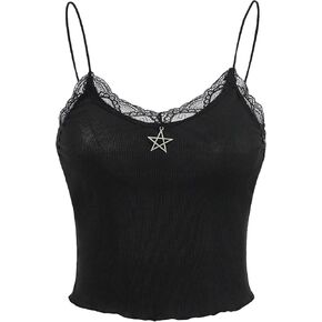 SOLY HUX Women's Goth Contrast Lace Cami Crop Tops Spaghetti Strap Slim Fit Y2k Tops