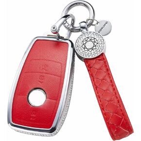 for Mercedes Benz Key fob Cover, Leather Crystal Key Case Protector Compatible with Mercedes Benz E-Class S-Class A-Class C-Class G-Class AMG smart remote key (White)