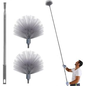 Cobweb Duster with Extension Pole & 3 Clean Head, Medium Stiff Bristles Cobweb Duster Head & 1.8 to 7.2-Feet Scalable Stainless Steel Pole Ceiling Fan Duster for Outdoor Indoor Cleaning