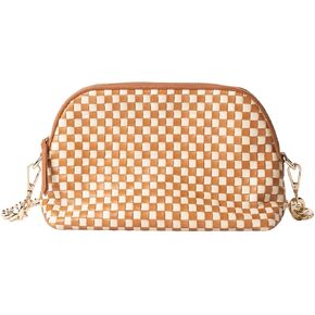 CHEVAUX Leather Woven Checkered Bag, Chambray Lined (Shoulder Bag w/Crossbody Option, Cream & Tan)