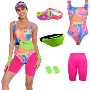 80s 90s Workout Costume for Women Halloween Costumes Cosplay Outfits Swimwear Suit Leotard Legging With Sun Visor